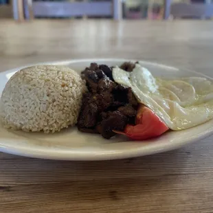 Pork tocino, garlic rice, tomatoes, and 2 fried eggs