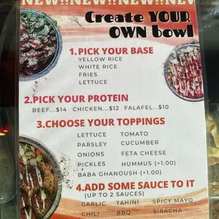 Menu for create your own bowls.
