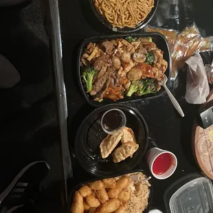 Lo mein, triple, dumplings, sweet sour chicken and fried rice