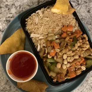 Kung pao chicken combination (fried rice + egg roll) and an order of crab rangoon.