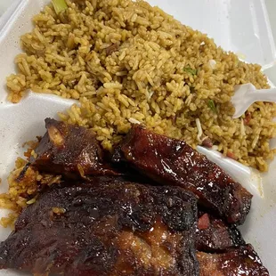 Pork fried rice and barbecue ribs