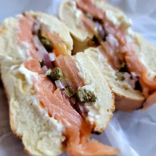 a bagel with salmon and capers