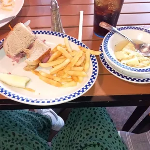 Luke warm pastrami sandwich and bag matzo ball soup