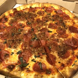 Pizza: Sausage, pepperoni, basil