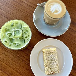 Holiday matcha, cortado, coconut lemon bar