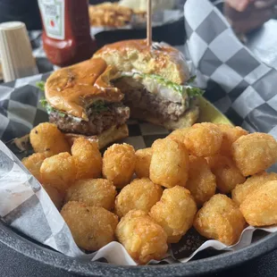 Cajun Shrimp Burger and Tots