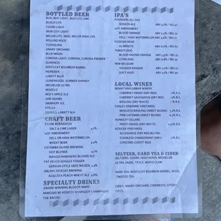 Beverage menu