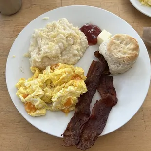 Blue Plate - 10 2 eggs scrambled, smoked Gouda grits,thick bacon extra crispy, biscuit