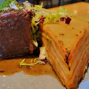 potato au gratin with layered potatoes and carrots has a distinct smokiness that accompanied the braised short ribs perfectly.