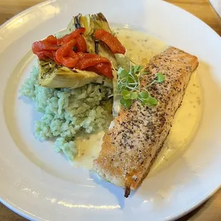 Salmon entree with bamboo rice