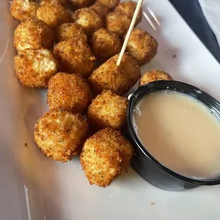 Cheddar Cheese Balls.  IYKYK about the Honey Mustard.