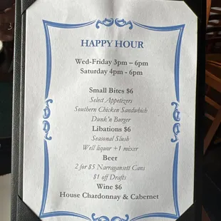 Happy hour menu