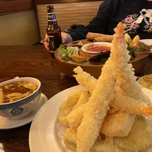 Appetizer for 2, hot and sour soup, tempura shrimp and vegetables.