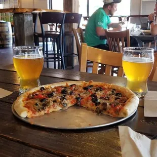 Pizza and mango wheat beers.