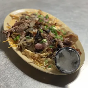 Loaded cheese fries with pulled pork added