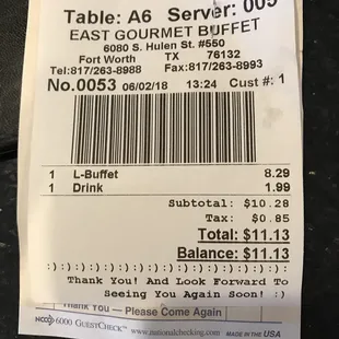 a receipt for a table