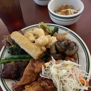 Favorites; chicken roll, buttered shrimp, spicy pork, spicy chicken, mushrooms, garlic chicken, bourbon chicken, beef and broccoli