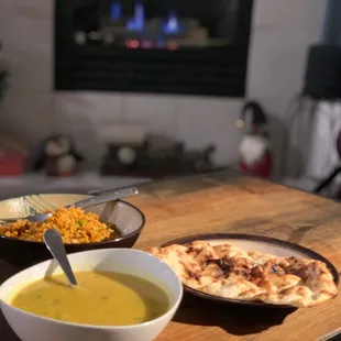 Chicken Biryani, Dal soup and Naan