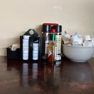 Set up for tea, coffee, toast and condiments