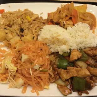 Pineapple fired rice, chicken red curry, chicken cashew nut, and pad Thai.