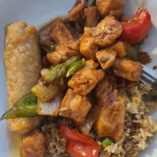 Kung pao chicken, fried rice, egg roll.