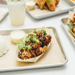 a variety of food on trays