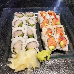 Yellowtail and jalap roll. Spicy tuna and avocado roll.