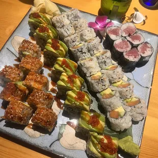 Green Dragon Roll, Alaska Roll, Tuna Roll, house sake