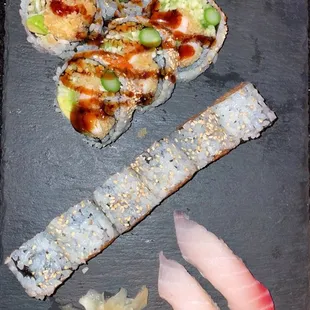 Shrimp Tempura Roll, Spicy Tuna Roll and Red Snapper