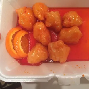 Some of the orange chicken and sauce.
