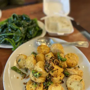 Salt and pepper tofu, vegetables, coconut chrysanthemum pudding