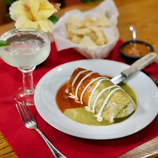 a plate of food and a drink