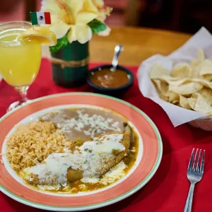 a plate of food and a drink