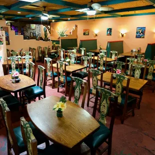 tables and chairs in a restaurant