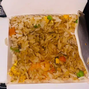 Large shrimp fried rice/ extra shrimp. Not many shrimp and couldn&apos;t find the extra I paid for. Not seasoned well.