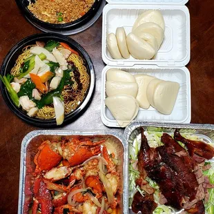 Beef fried rice, steamed buns to go with whole pekind duck, ginger scallion lobster x 2, seafood pan fried noodles