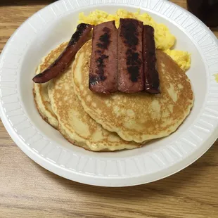 Pancake platter with turkey sausage