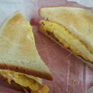 Sausage, egg, and cheese on toast.