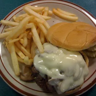 Swiss mushroom burger and fries