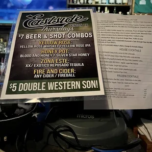 a menu for a beer and shot combo
