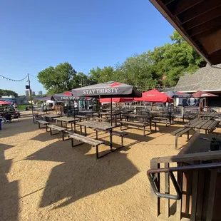 empty tables and umbrellas