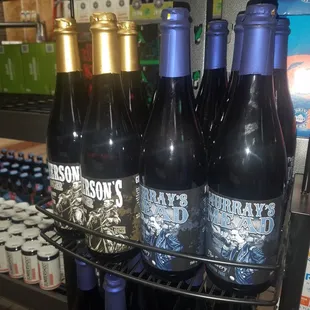 a rack of bottles of beer
