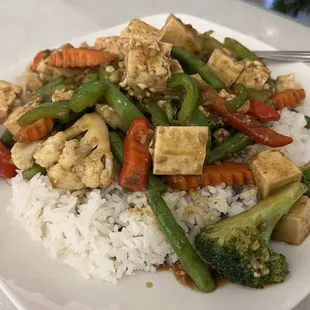 East Street Cafe Tofu with extra veggies. Made with rice instead of noodles