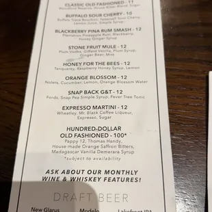 Cocktail menu