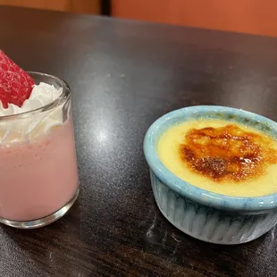 Strawberry pudding and creme brûlée. 2 of many dessert options.