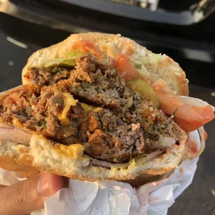Double cheeseburger. Looks like they used the seasoned kabob meat by mistake. Spicy!