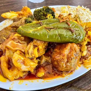 From the buffet: goat curry, lamb curry, chick peas, spicy Pakistani Meatballs, biryani. The Pakistani spices are fire!