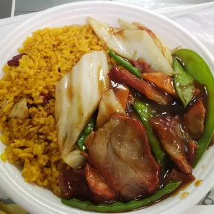 Roast pork and Chinese vegetables lunch special