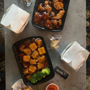 Seaseme chicken and tofu, and Vegetable Spring Rolls (2pc)