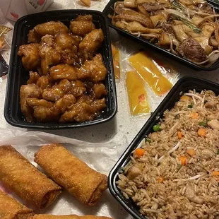 General Tso's Chicken, Fried Rice, Beef Chow Mein, egg roll
